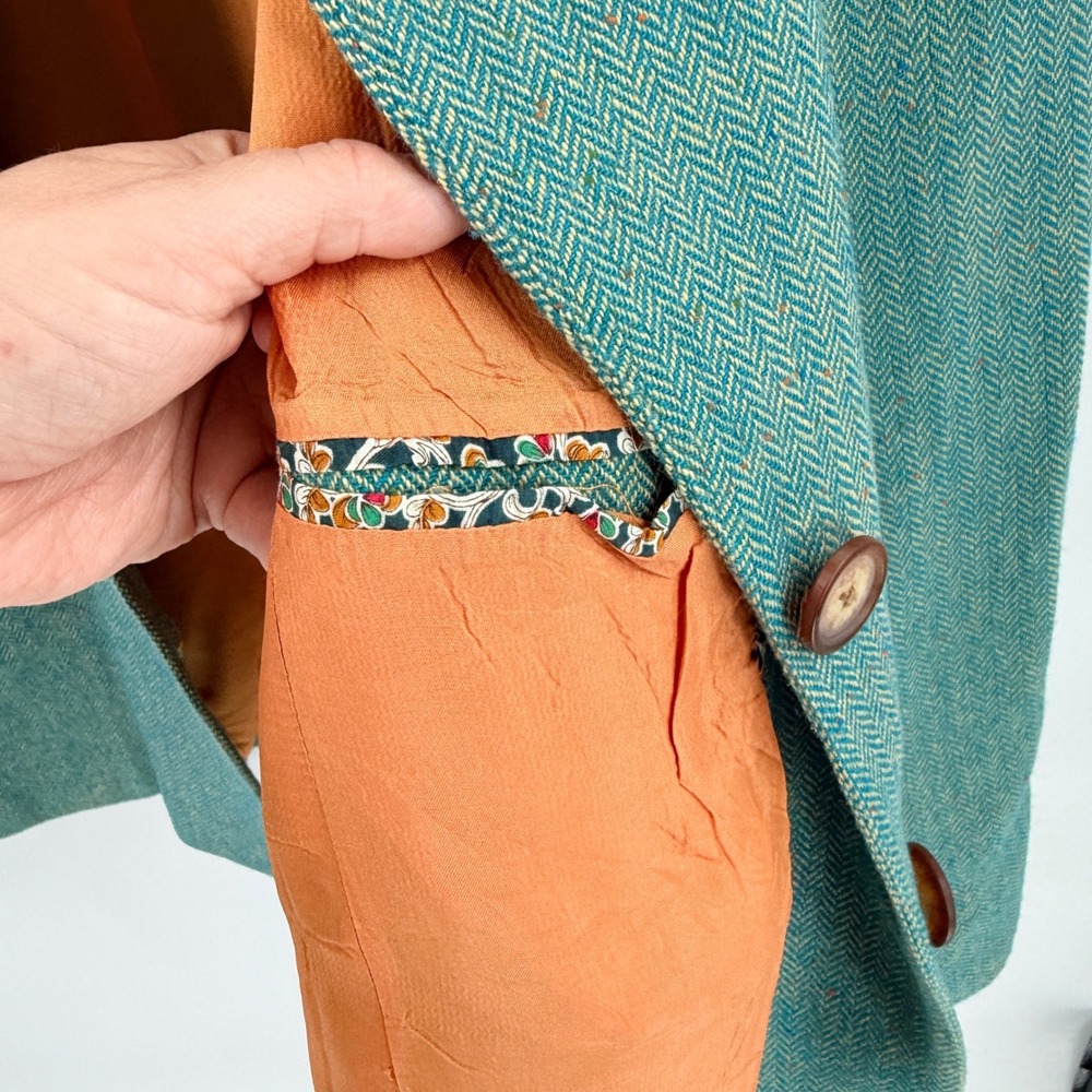 Sundance Wool Viscose Herringbone Blazer Teal Tailored Notch Lapel Size L Large - Picture 7 of 9